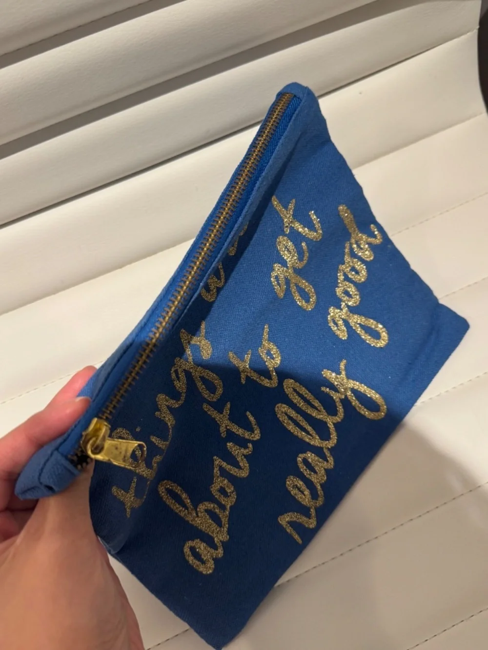 Charming Charlie Blue Canvas Makeup Bag Pouch Gold Glitter Quote Cosmetic Case